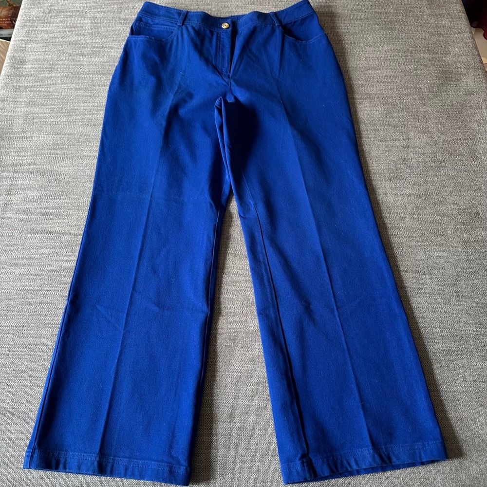 St. John Sport Wide Leg Pants Women 14 Blue Knit Trousers Logo Button